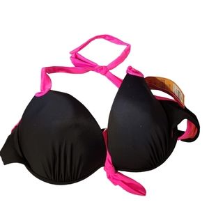 *SaleNWT Mudd X-Large Underwire Push Up Bikini Top Padded Black Pink w/Bow Hook